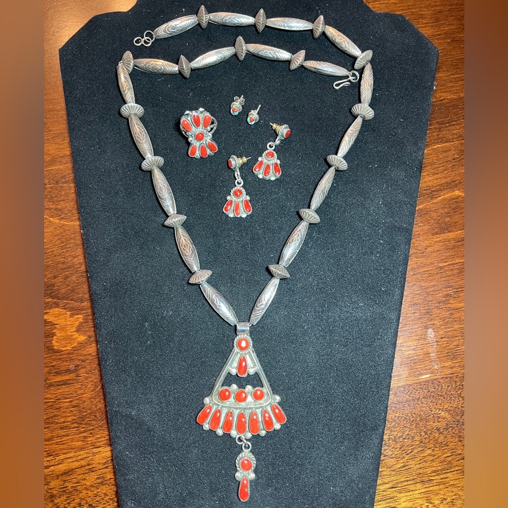 Bill & Lou Zuni Sterling Coral jewelry set